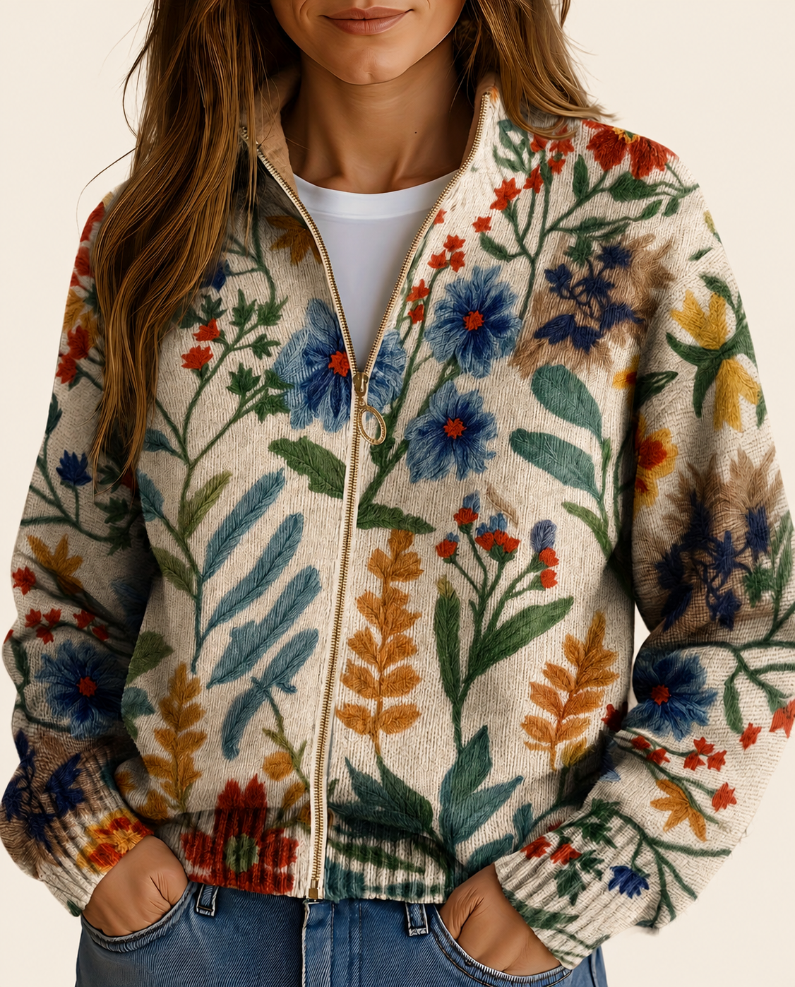 Tabitha | Zip-Cardigan mit Blumenmuster und Taschen – warmbeiger Studiohintergrund