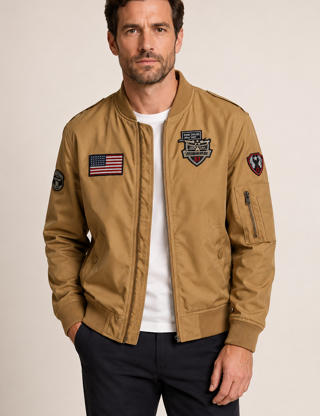 Tanfarbene Patchwork-Bomberjacke an Mann auf warmem beigem Hintergrund