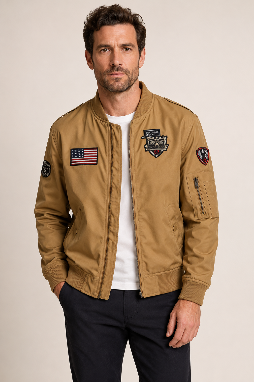 Tanfarbene Patchwork-Bomberjacke an Mann auf warmem beigem Hintergrund