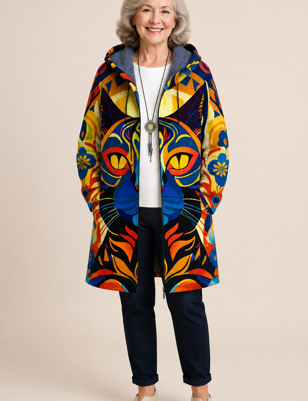 Tarni | Luxurious Cardigan mit künstlerisch Inspiration – warmbeiger Studiohintergrund