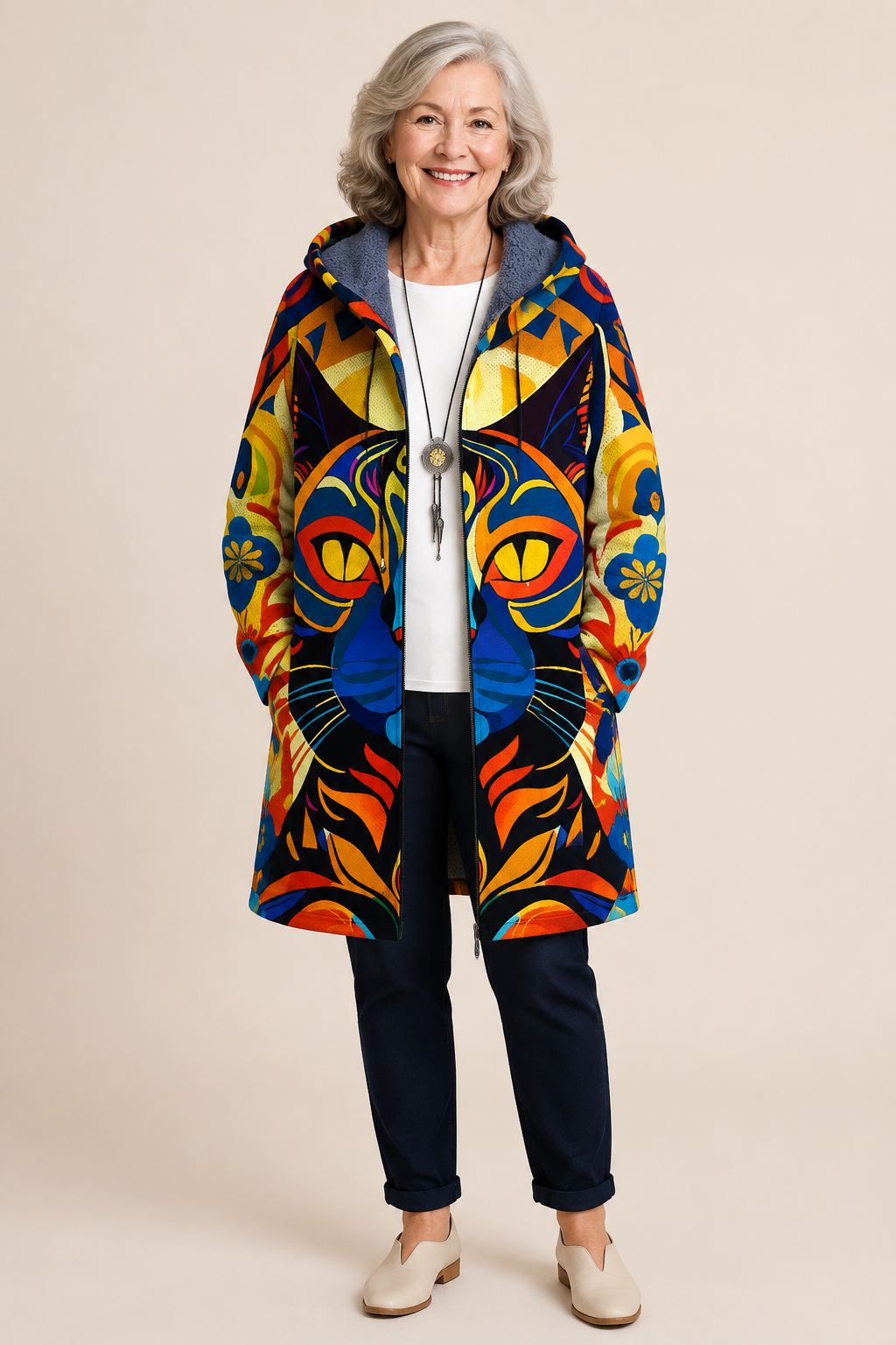 Tarni | Luxurious Cardigan mit künstlerisch Inspiration – warmbeiger Studiohintergrund