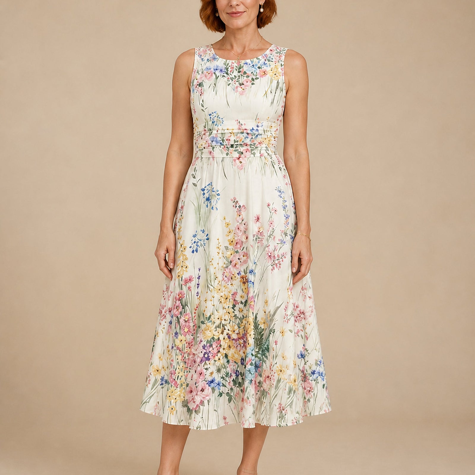 Tatiana rochie midi florală - vedere frontală în studio
