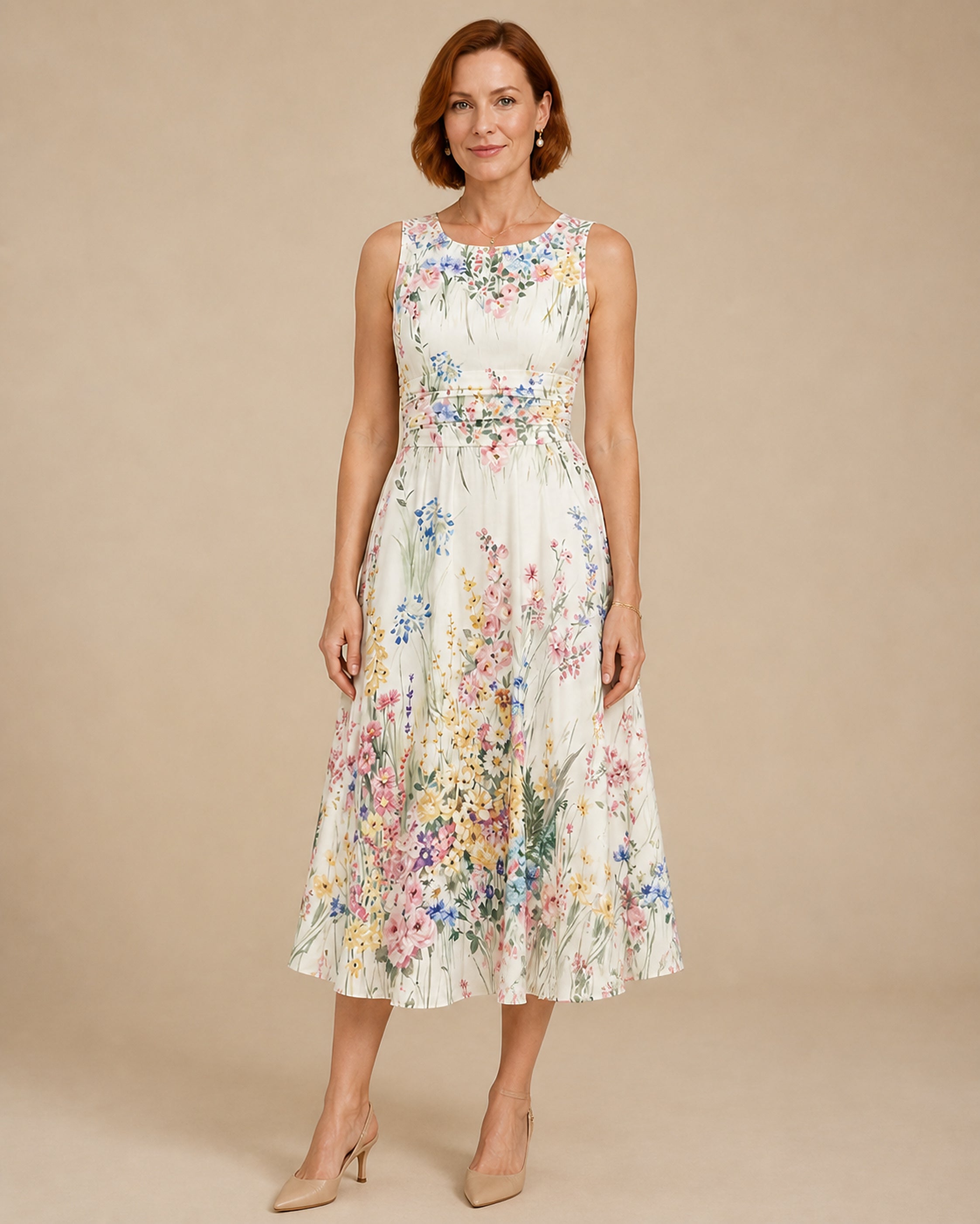 Tatiana rochie midi florală - vedere frontală în studio