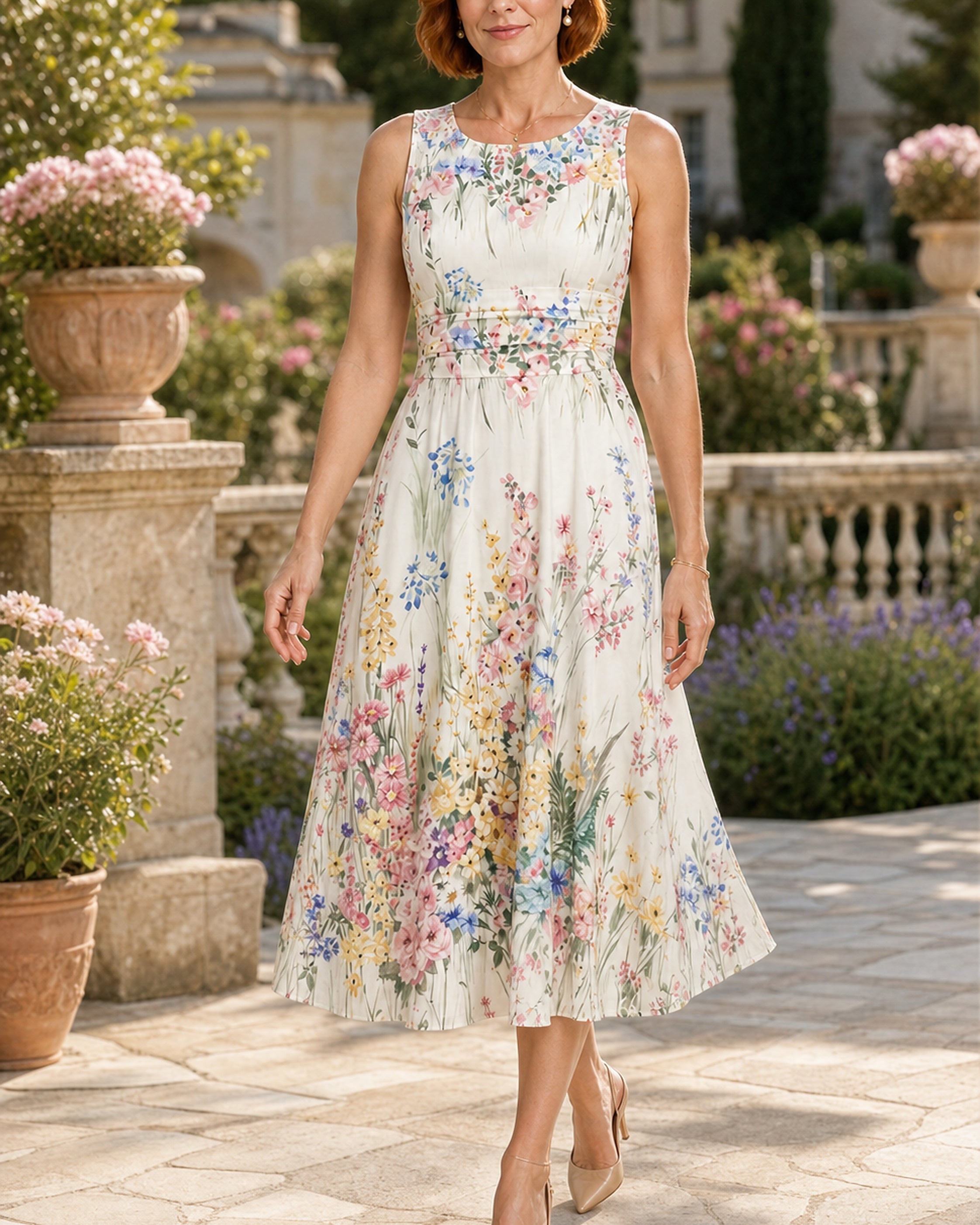 Tatiana rochie midi florală - purtată în exterior