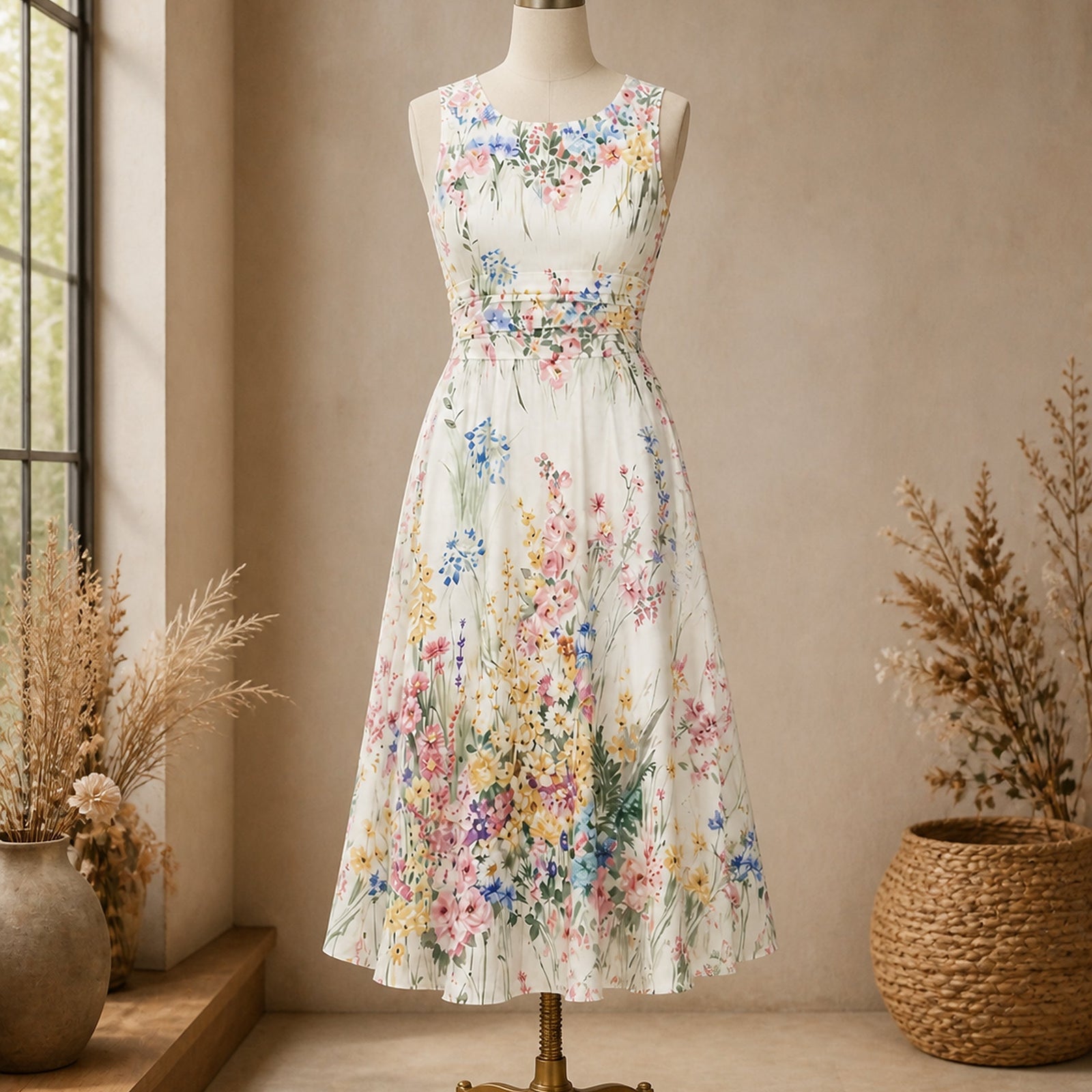 Tatiana rochie midi florală - prezentare pe manechin