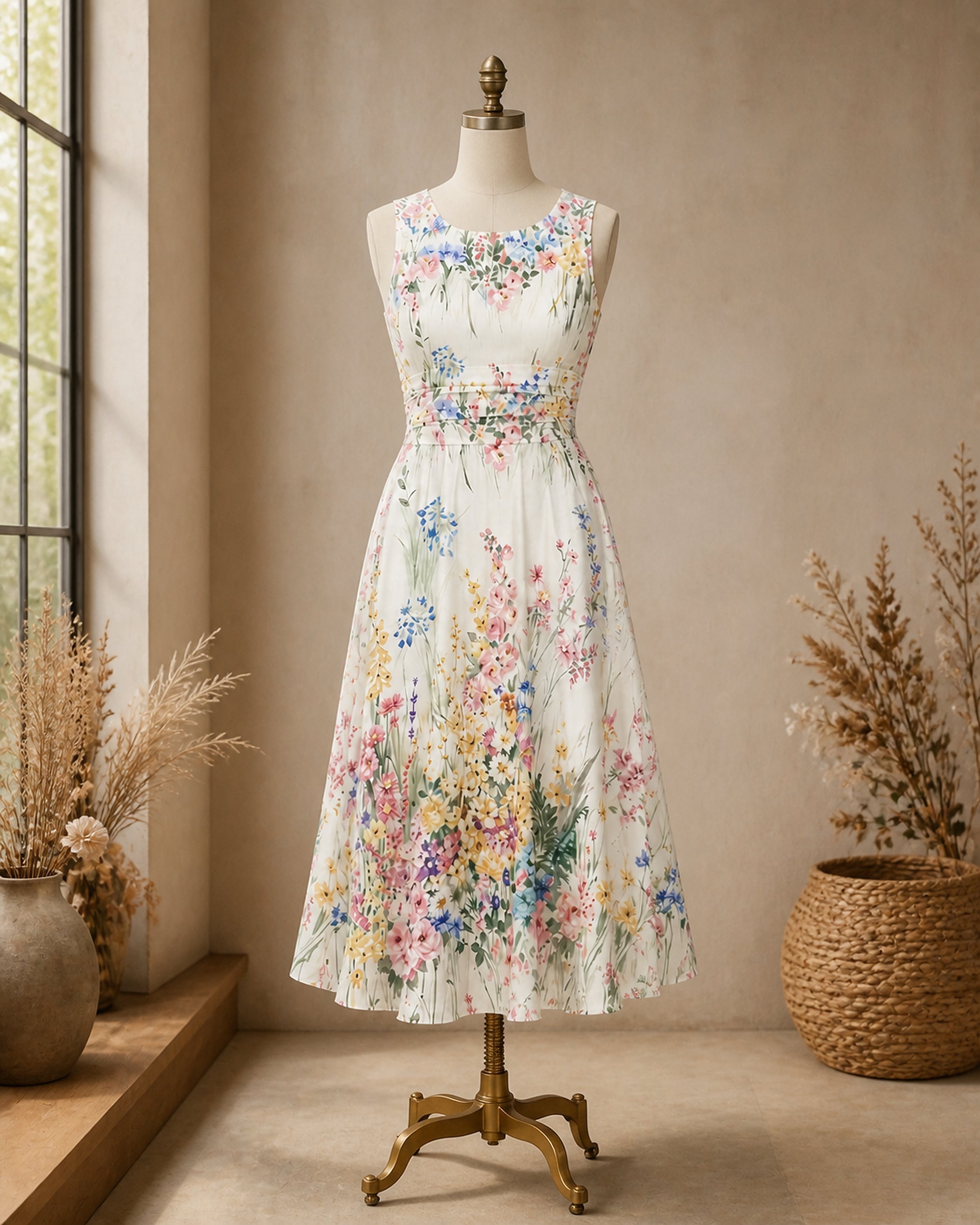 Tatiana rochie midi florală - prezentare pe manechin