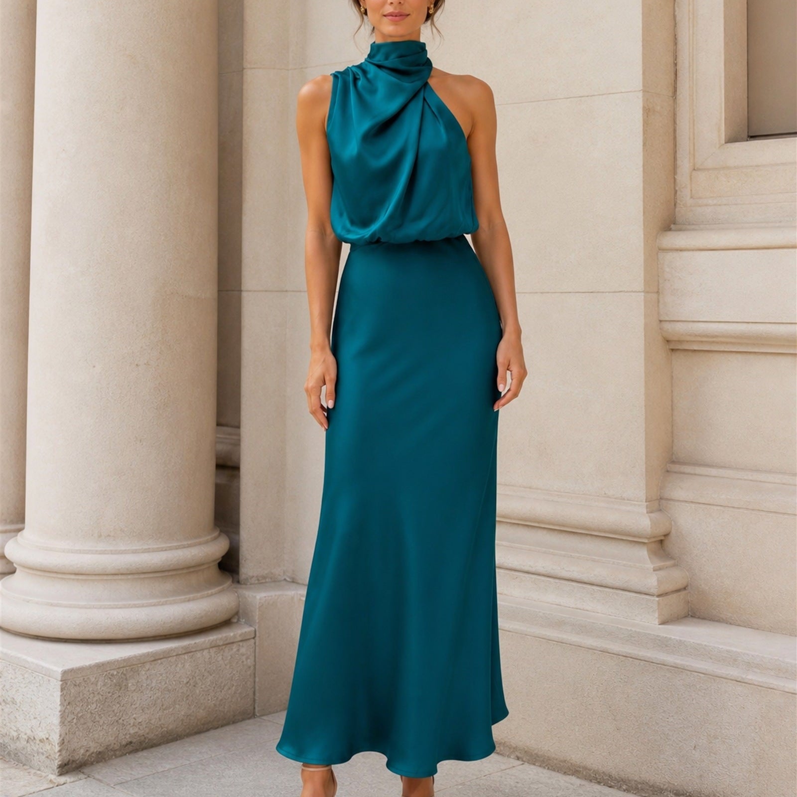 Tatiana rochie lungă satinată albastră - vedere frontală exterior