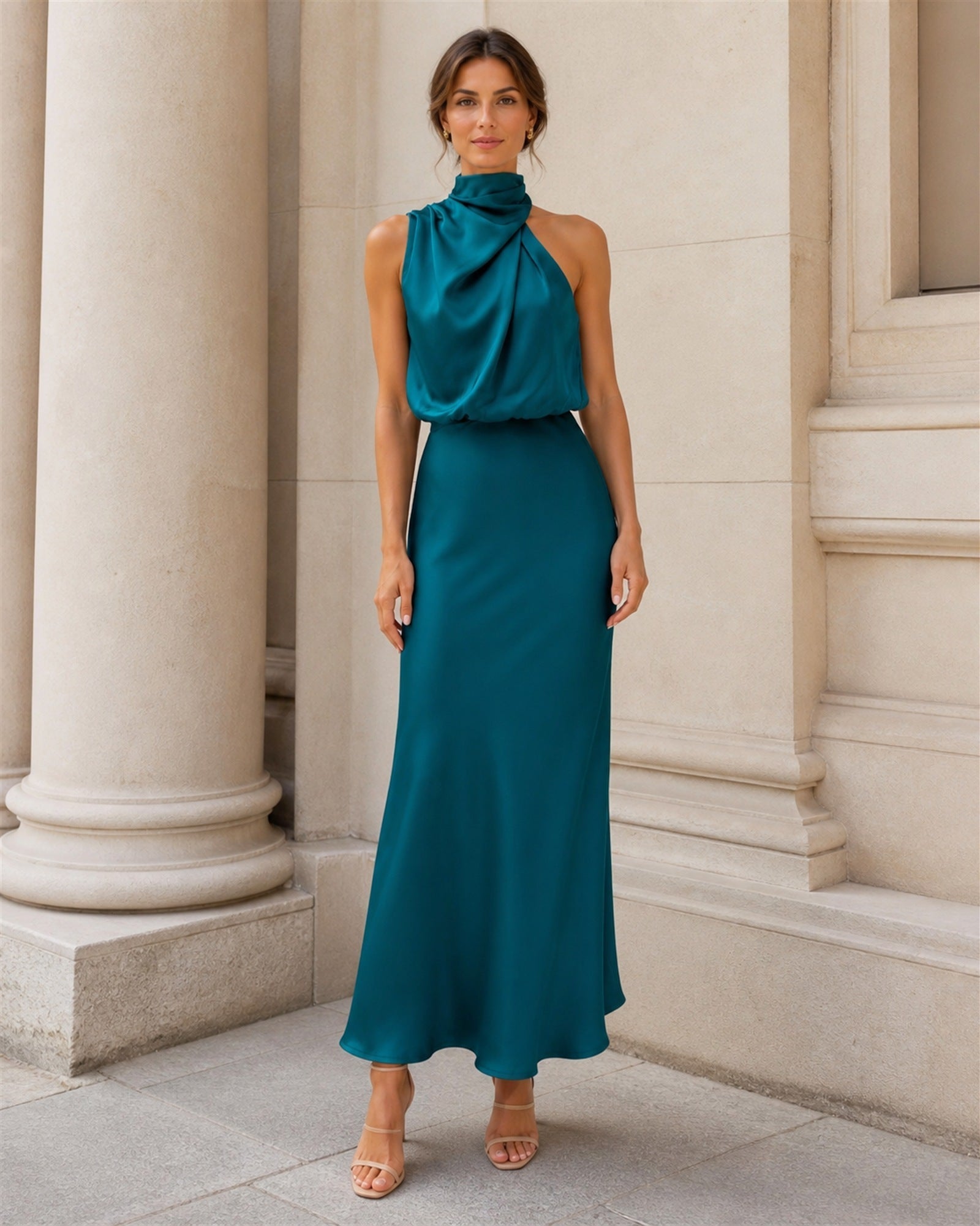 Tatiana rochie lungă satinată albastră - vedere frontală exterior