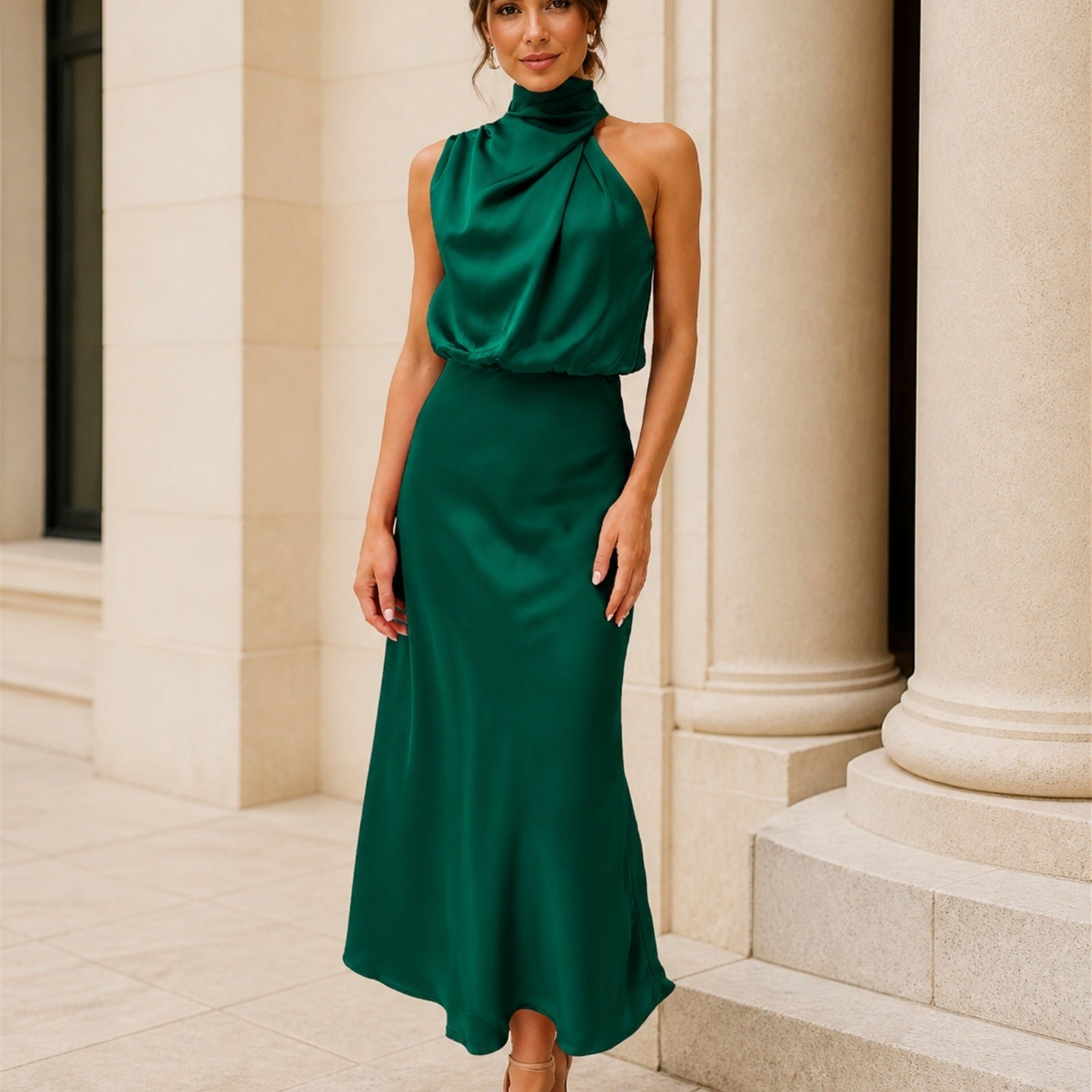 Tatiana rochie lungă satinată verde - vedere frontală exterior