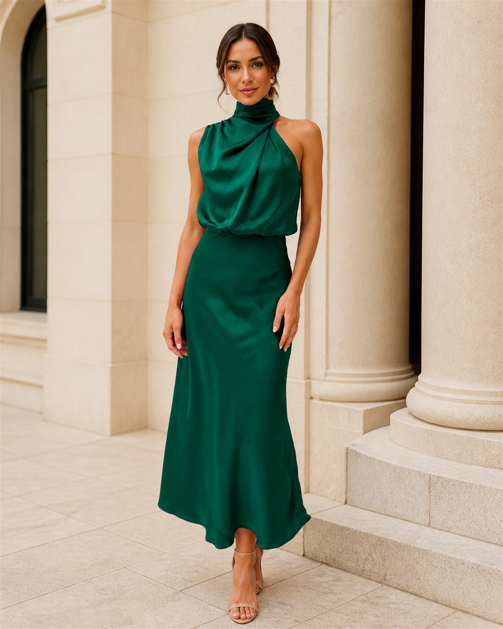Tatiana rochie lungă satinată verde - vedere frontală exterior