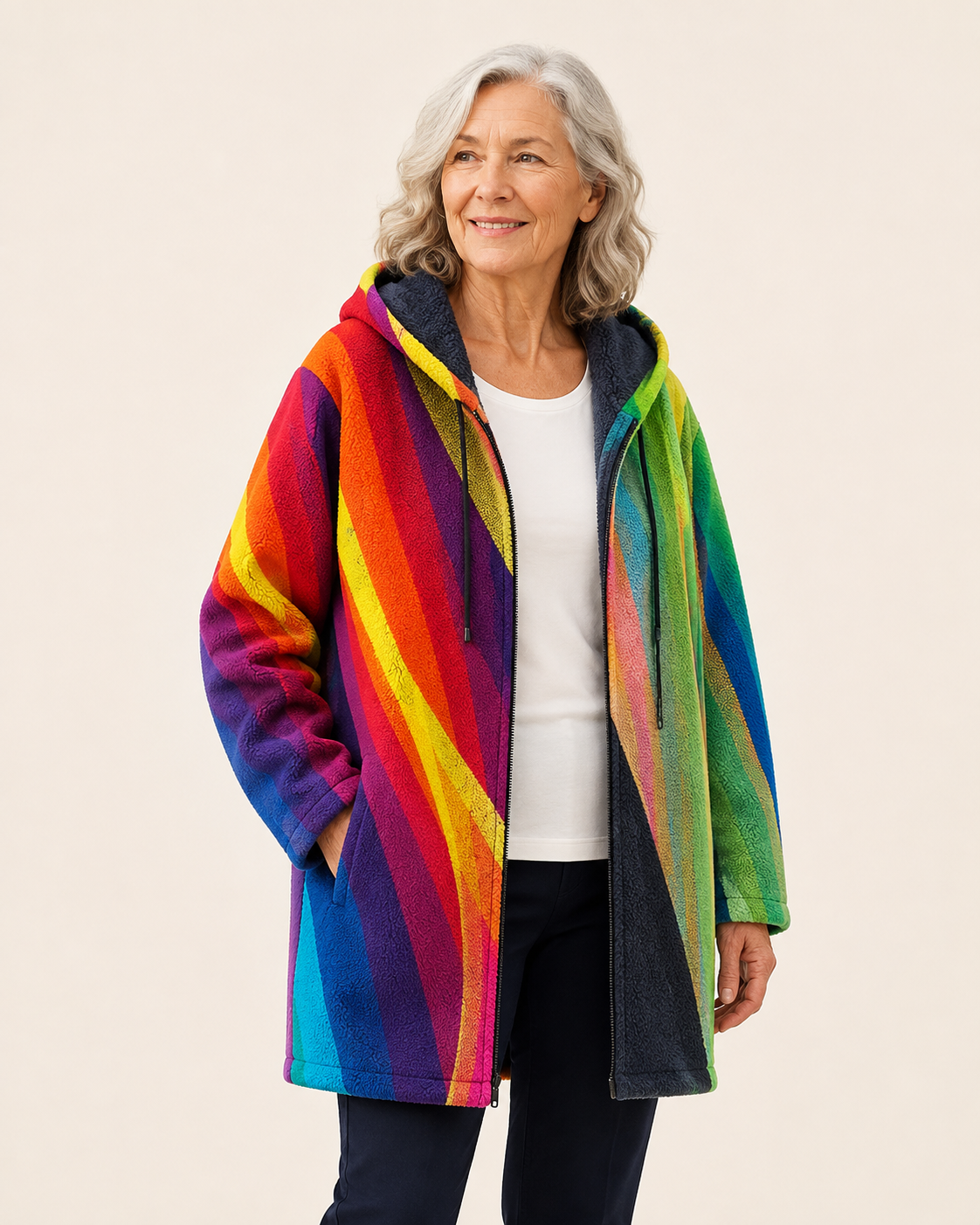 Thelma | STYLISH und VIBRANT bunt Cardigan – warmbeiger Studiohintergrund