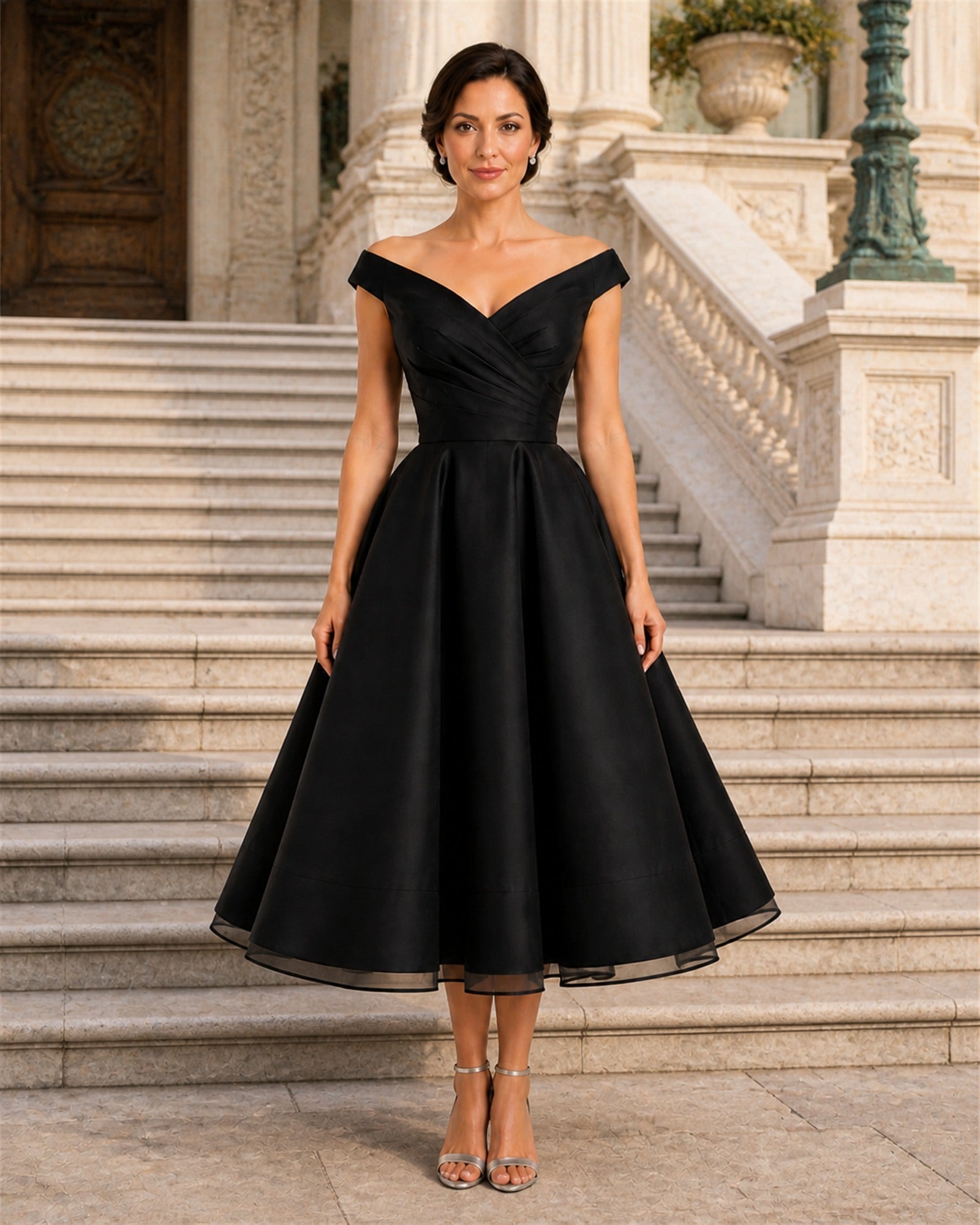 Timea în rochie midi neagră, vedere frontală în exterior