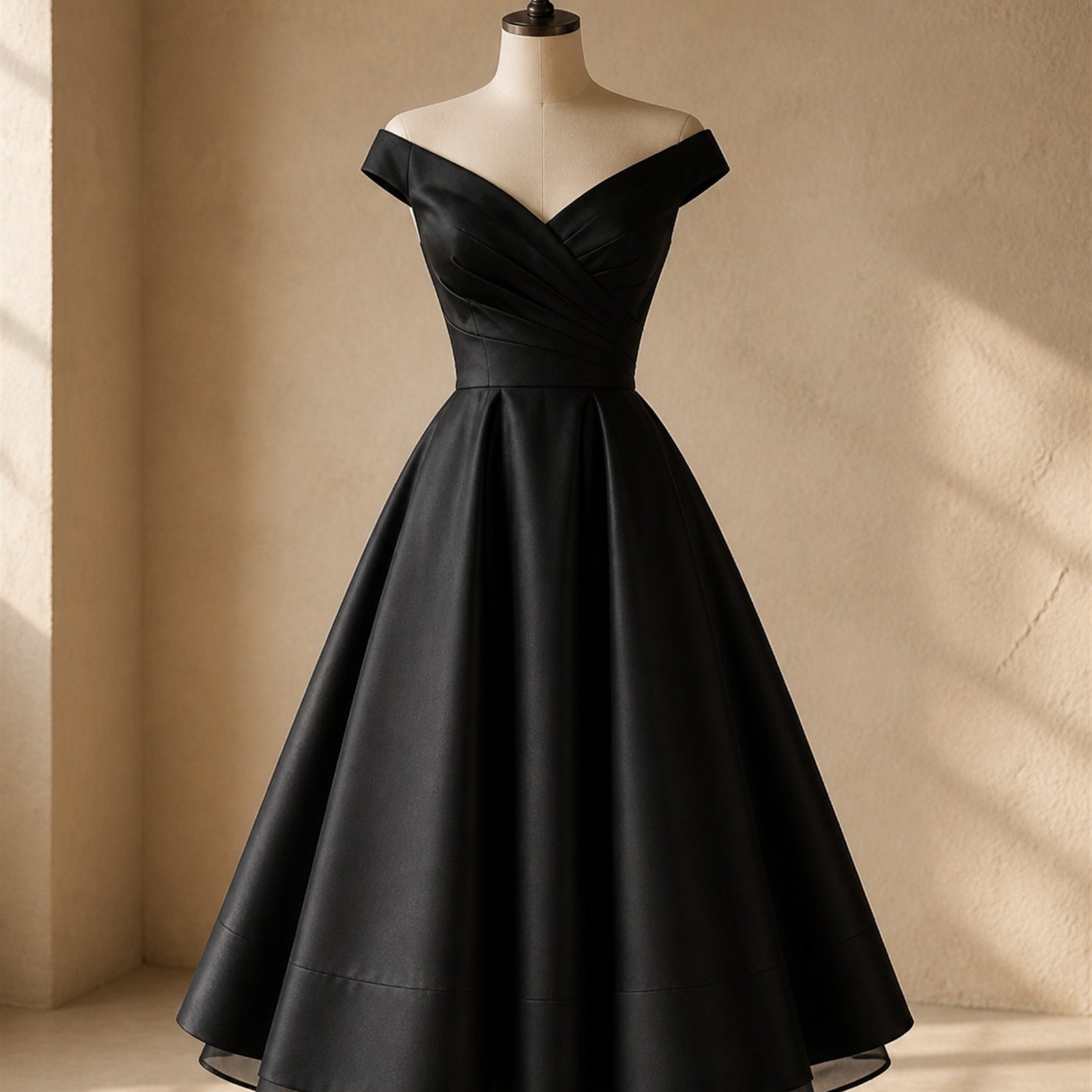 Rochie midi neagră Timea prezentată pe manechin