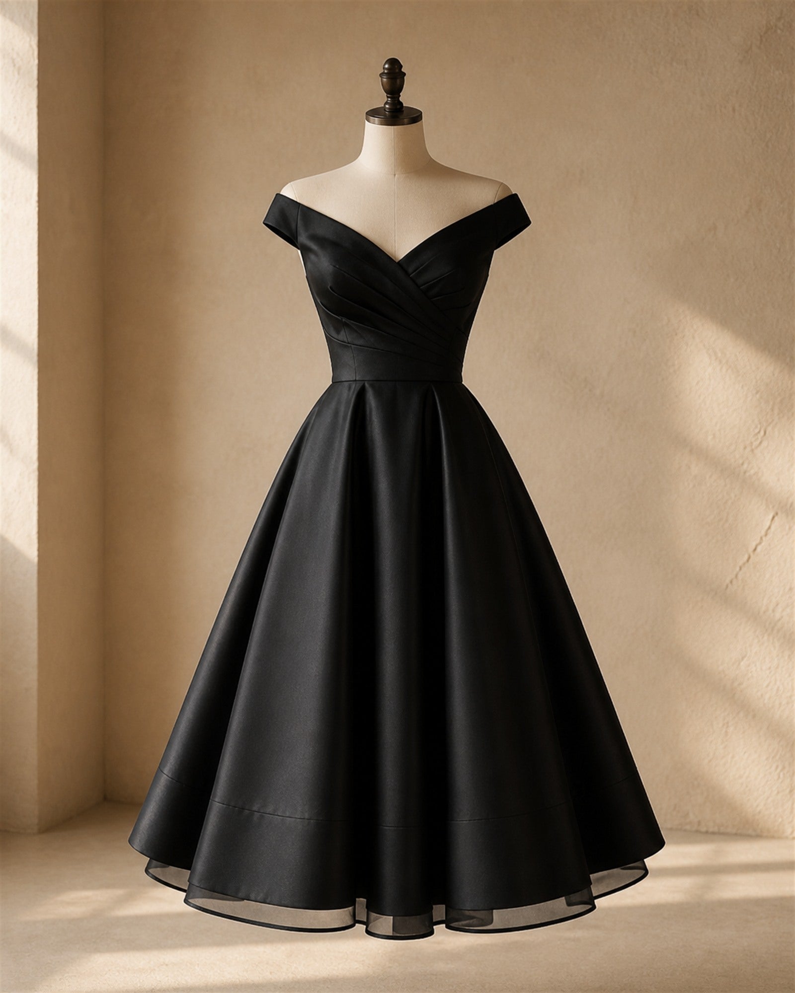 Rochie midi neagră Timea prezentată pe manechin
