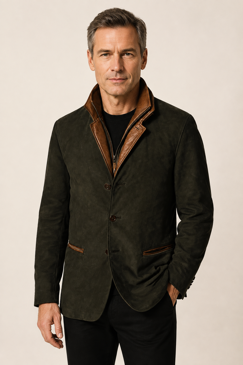 Zeitlose olivgrüne Herren-Vintage-Jacke an Mann auf warmem beigem Hintergrund