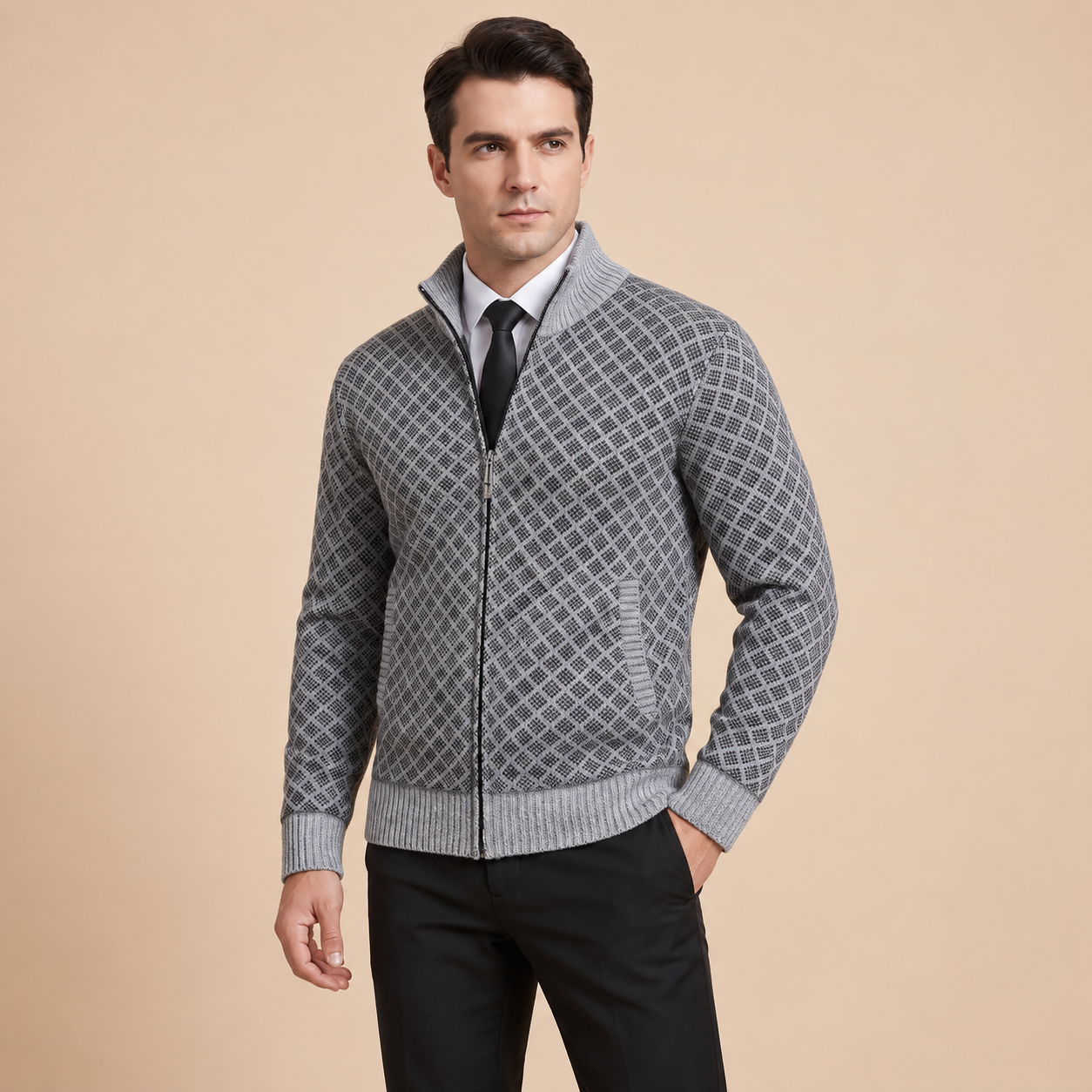 Tommaso Strickjacke in Grau mit Rautenmuster, am Model in Dreiviertelansicht