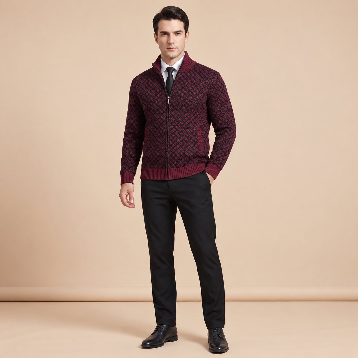 Tommaso Strickjacke in Bordeaux mit Rautenmuster, am Model