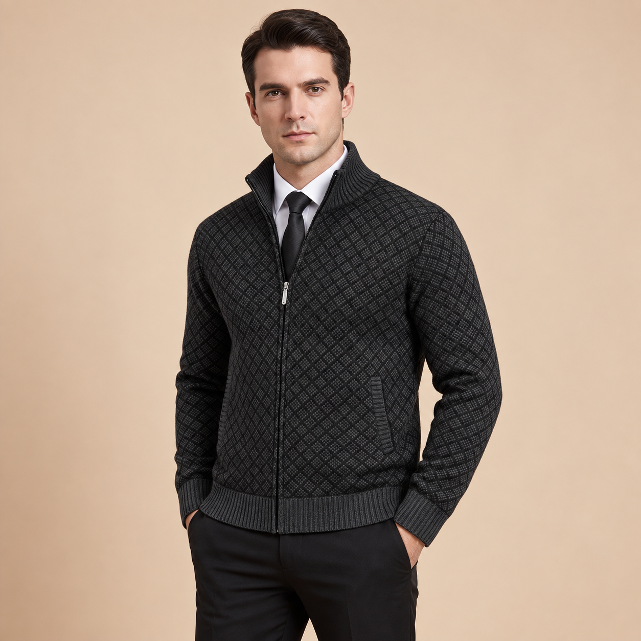 Tommaso Strickjacke in Schwarz mit Rautenmuster, am Model