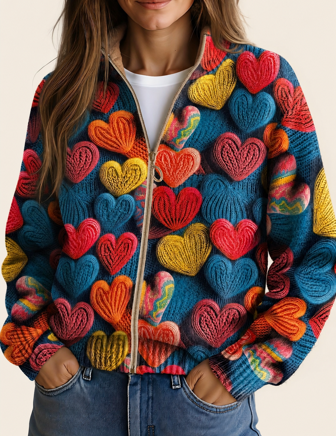 Valentine | Damen Cardigan mit strukturiert Strick und Herz appliqués – warmbeiger Studiohintergrund