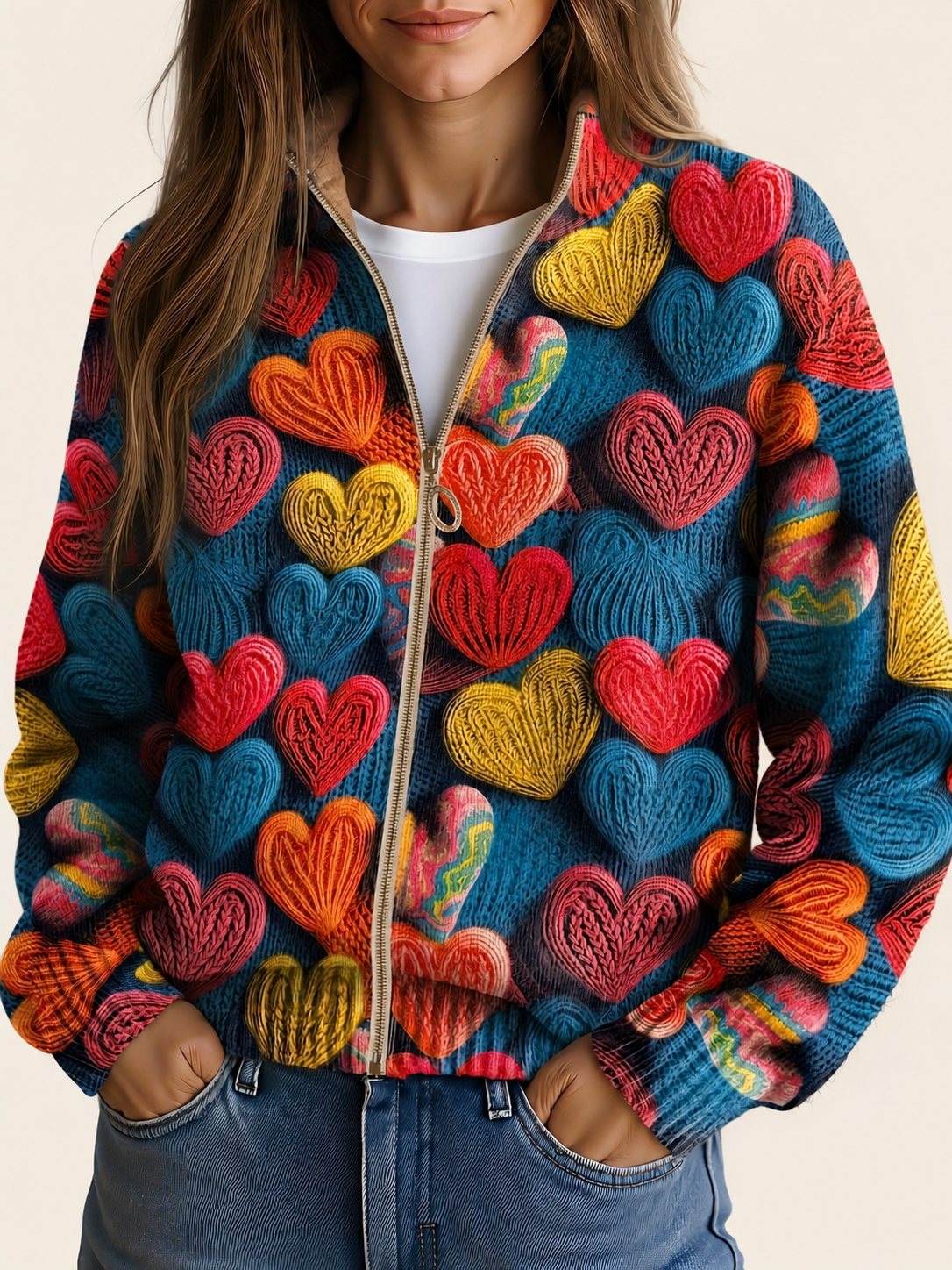 Valentine | Damen Cardigan mit strukturiert Strick und Herz appliqués – warmbeiger Studiohintergrund