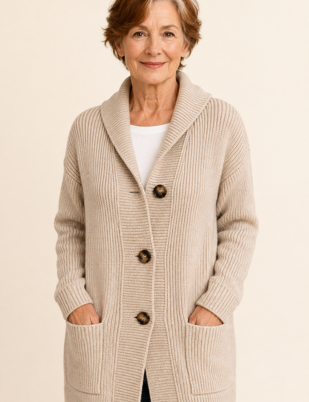 Victoria oatmeal-beiger Long-Cardigan mit Knöpfen an reifer Frau auf warmem beigem Hintergrund