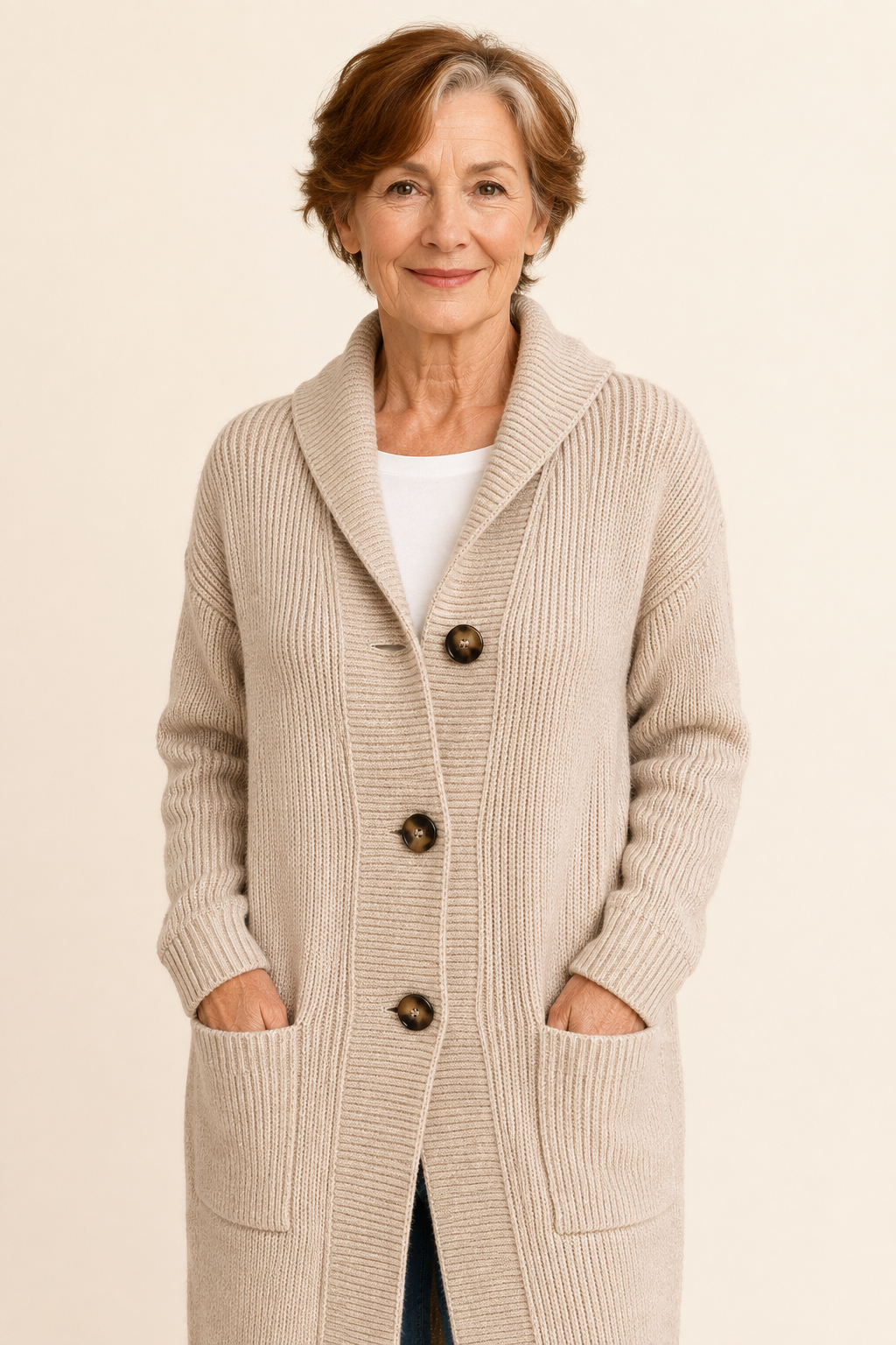 Victoria oatmeal-beiger Long-Cardigan mit Knöpfen an reifer Frau auf warmem beigem Hintergrund