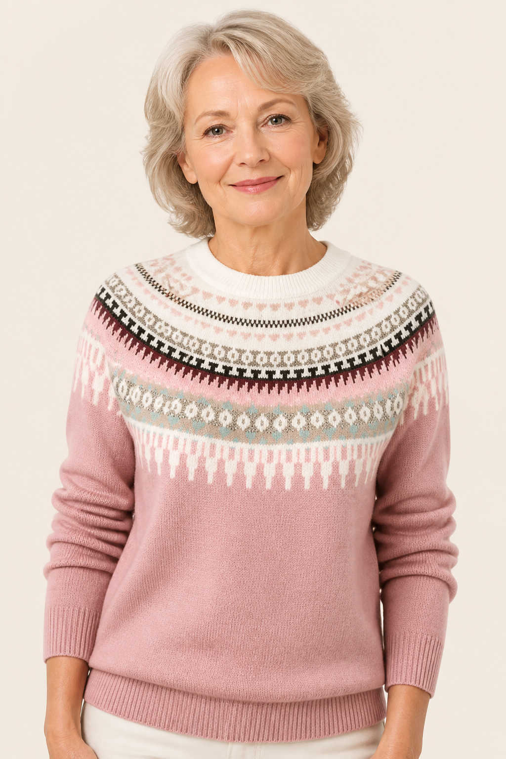 Victoria rosa Norwegerpullover an reifer Frau auf warmem beigem Hintergrund