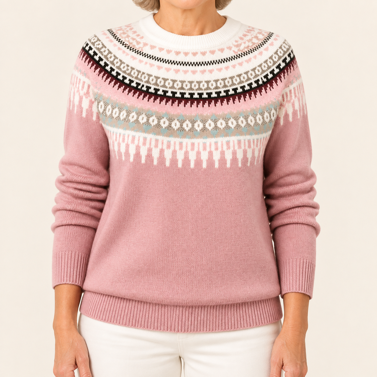 Victoria rosa Norwegerpullover – vollständige Produktansicht auf beigem Hintergrund