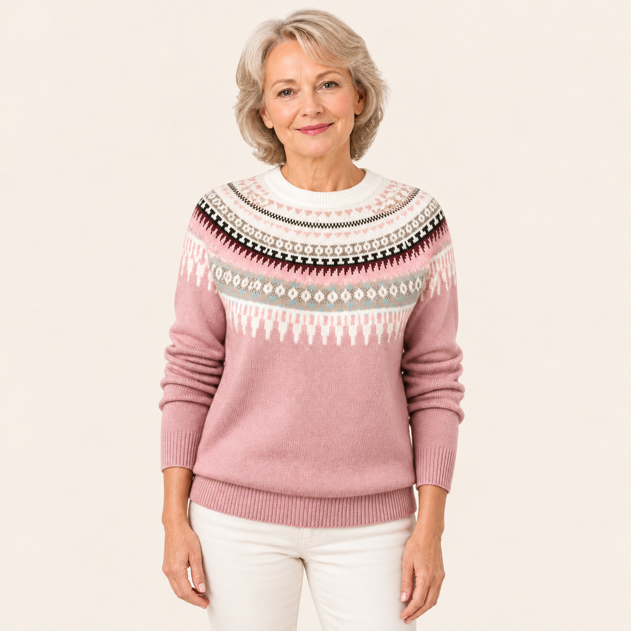 Victoria rosa Norwegerpullover – Modelansicht auf beigem Hintergrund