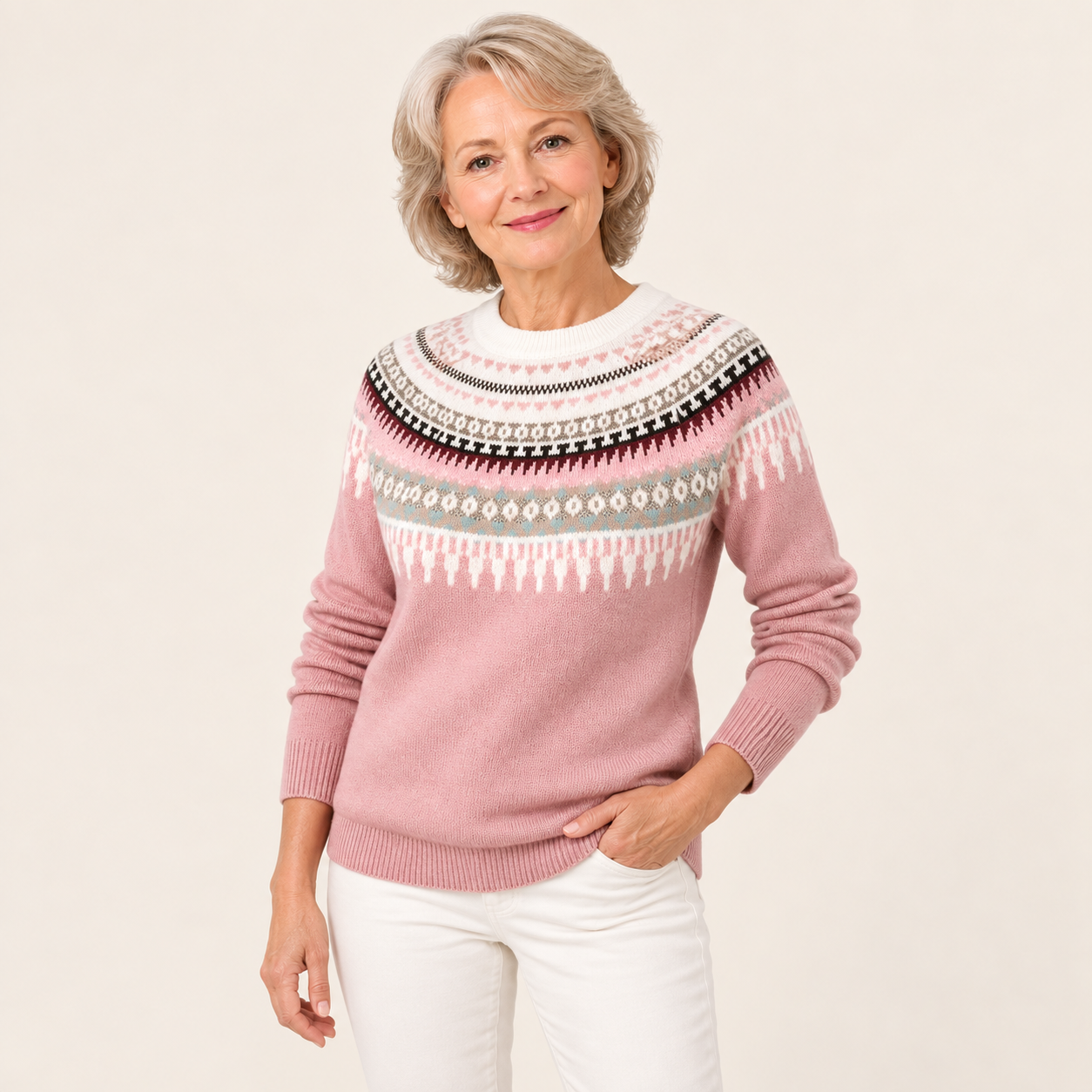 Victoria rosa Norwegerpullover – alternative Pose auf beigem Hintergrund