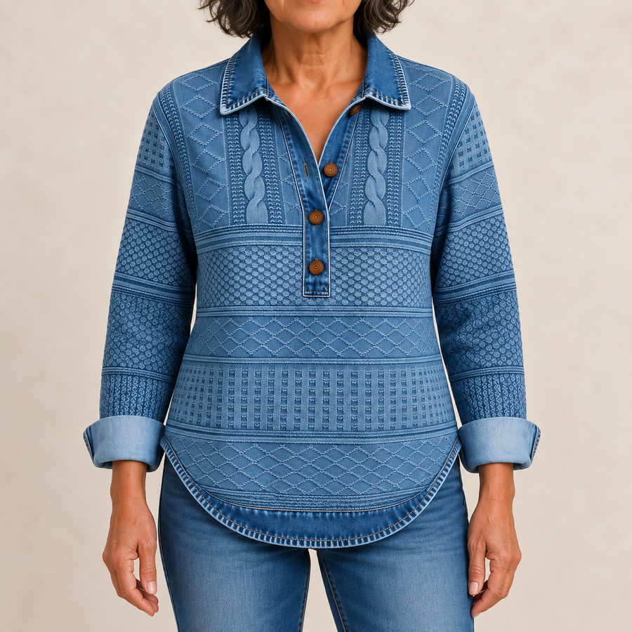 Blauer Vintage-Pullover mit Knöpfen, vollständige Nahansicht