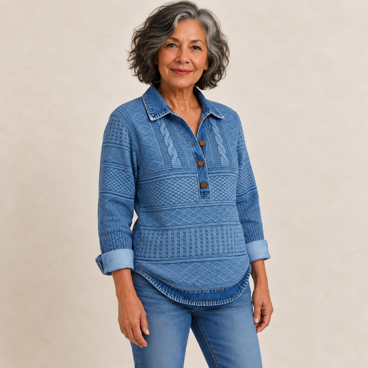 Blauer Vintage-Pullover mit Knöpfen, alternative Pose