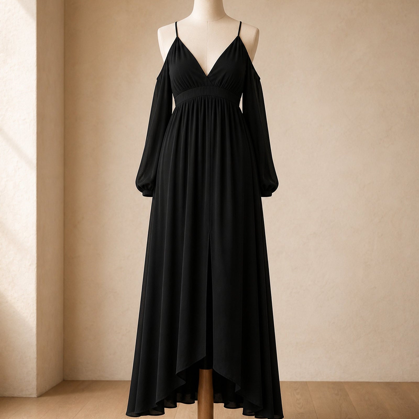 Viorica - rochie maxi neagră prezentată pe manechin