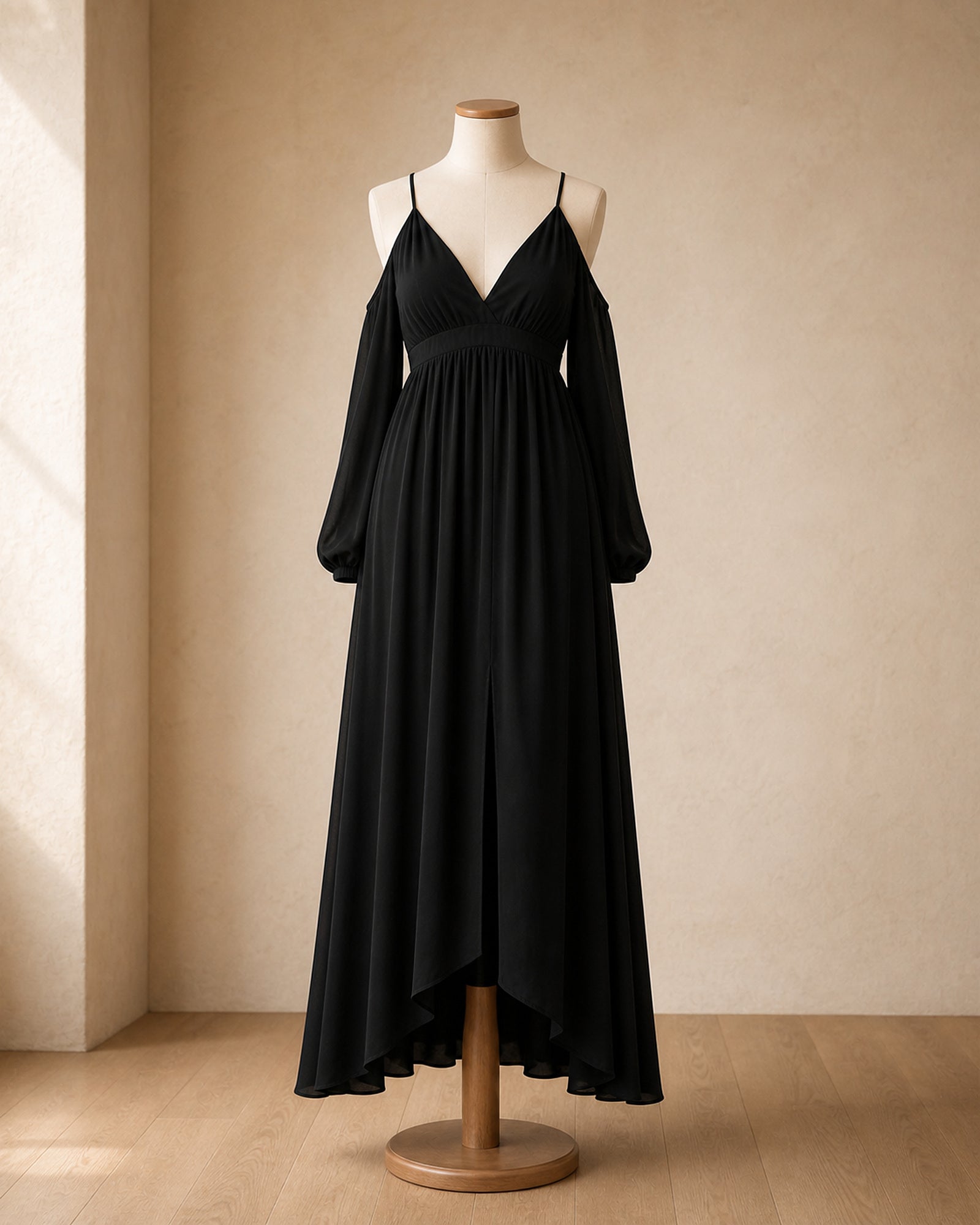 Viorica - rochie maxi neagră prezentată pe manechin