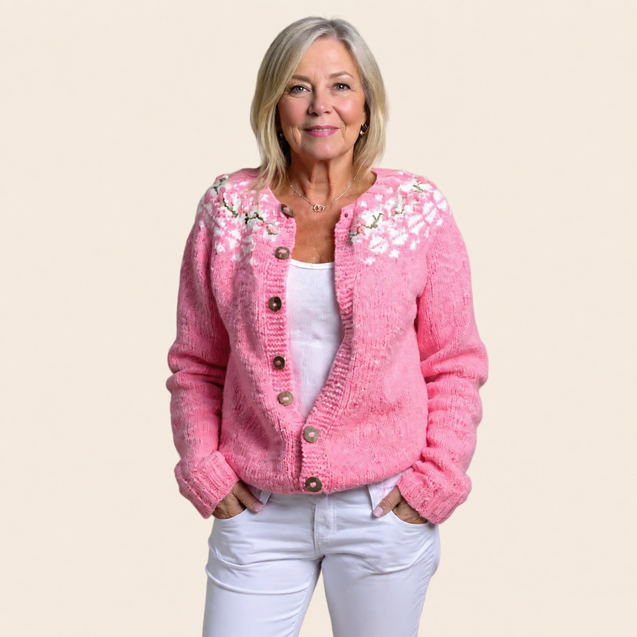 Vivian | Vintage-Icelandic Cardigan – warmbeiger Studiohintergrund