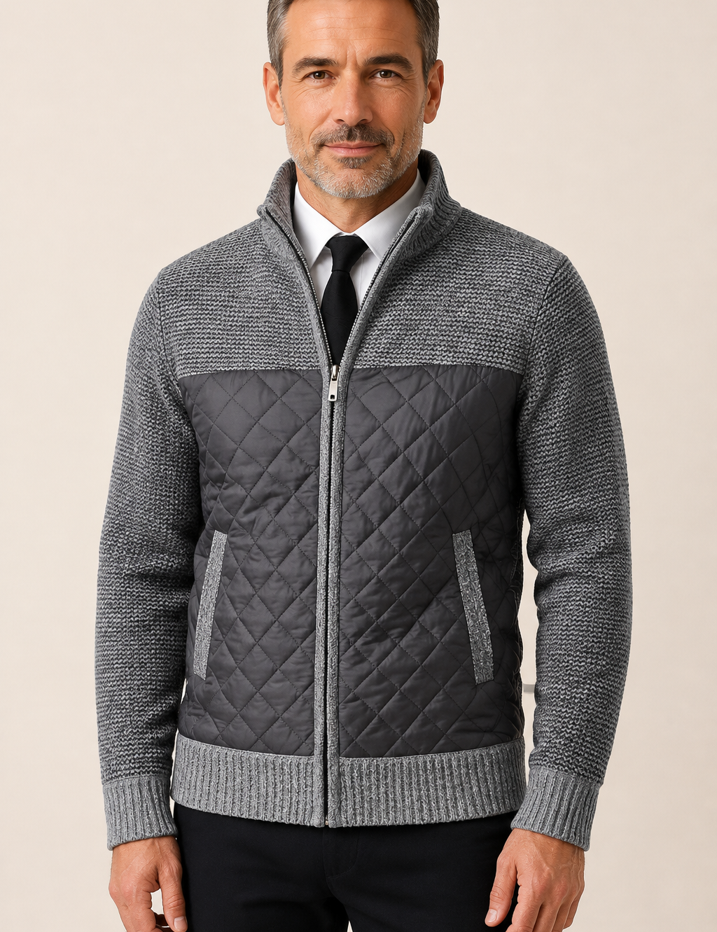 Wilbert graue Herrenjacke aus Strick und Steppstoff an Mann auf warmem beigem Hintergrund