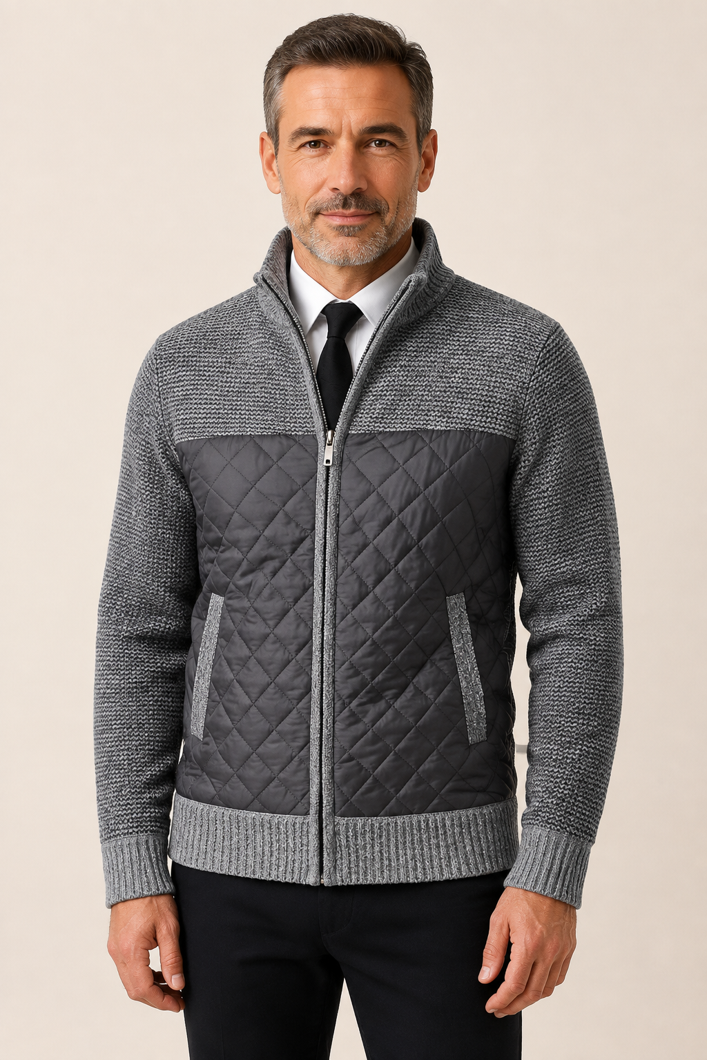 Wilbert graue Herrenjacke aus Strick und Steppstoff an Mann auf warmem beigem Hintergrund