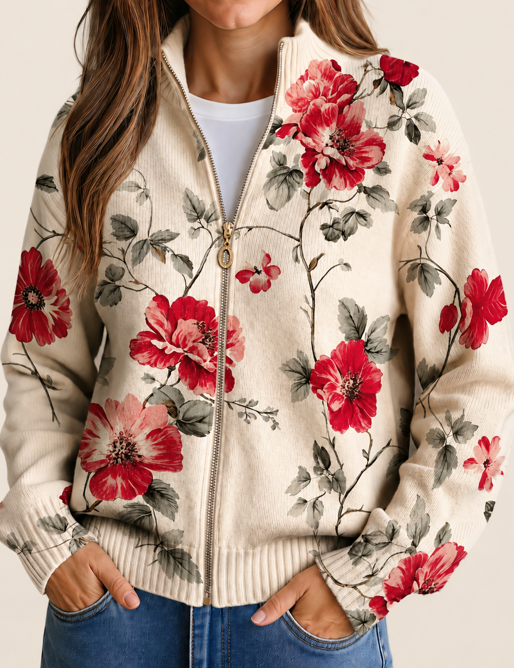 Wilhelmine | Zip-Cardigan mit Blumenmuster – warmbeiger Studiohintergrund