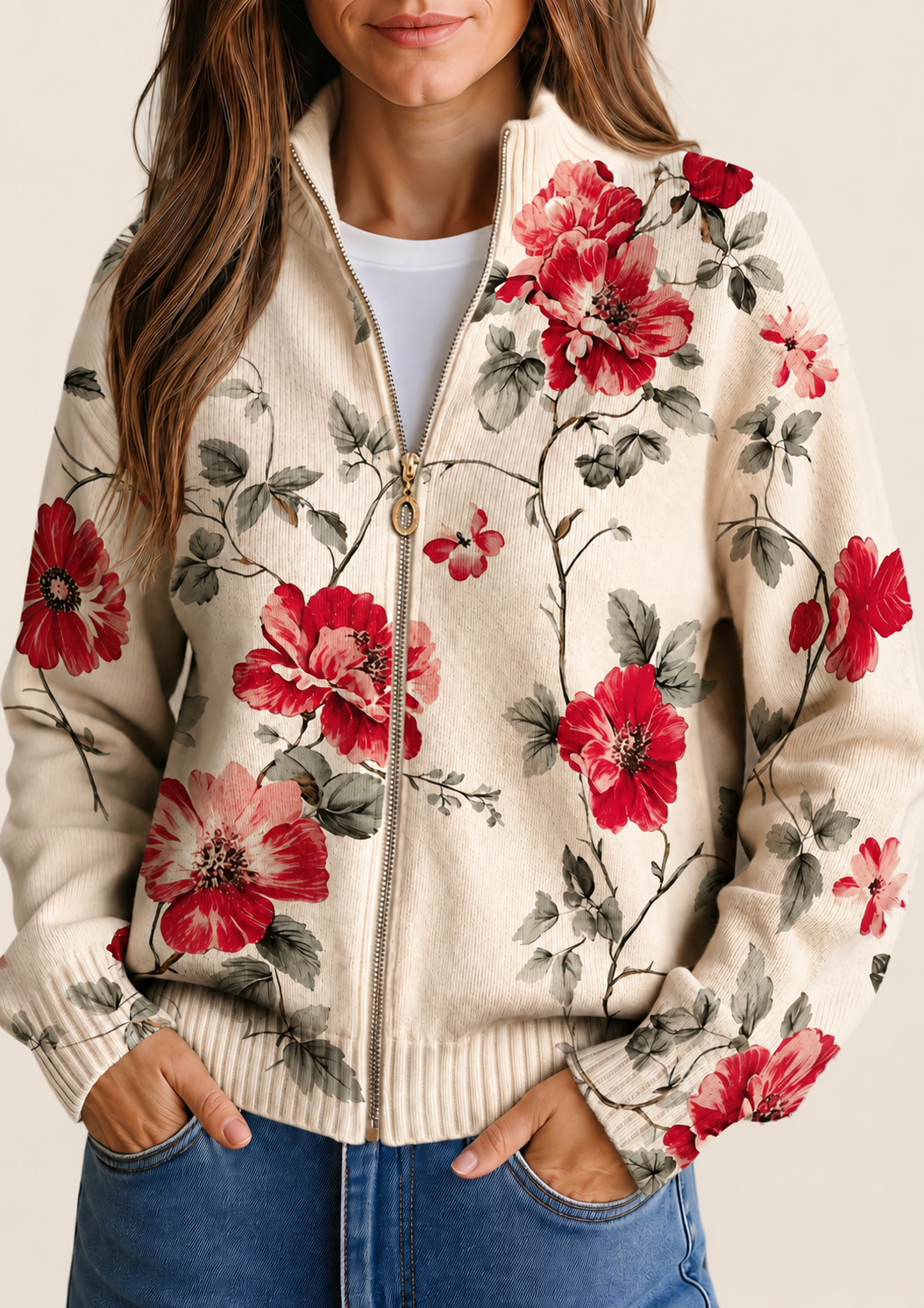 Wilhelmine | Zip-Cardigan mit Blumenmuster – warmbeiger Studiohintergrund