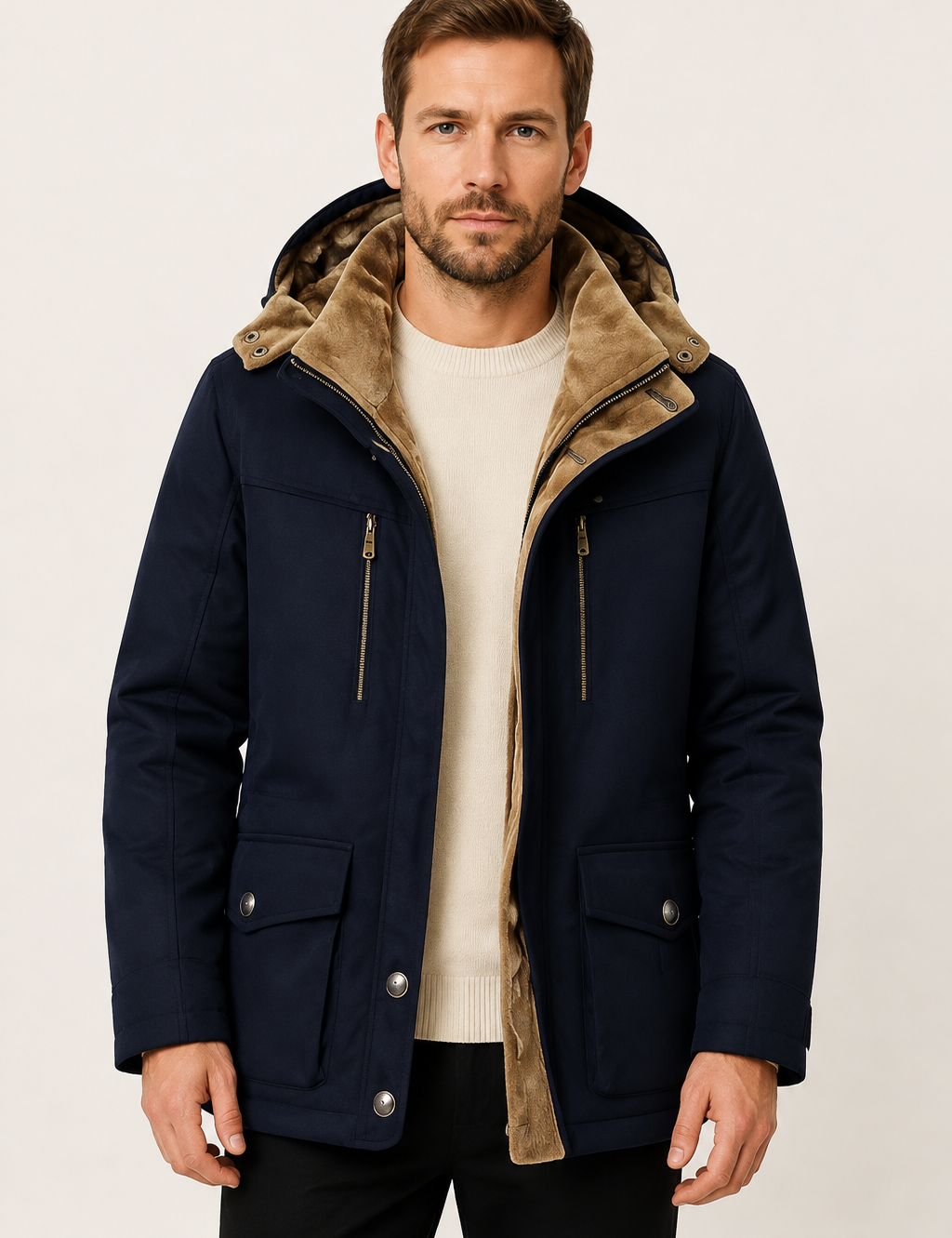 Marineblaue Herren-Winterjacke mit warmem beigefarbenem Futter an Mann auf warmem beigem Hintergrund
