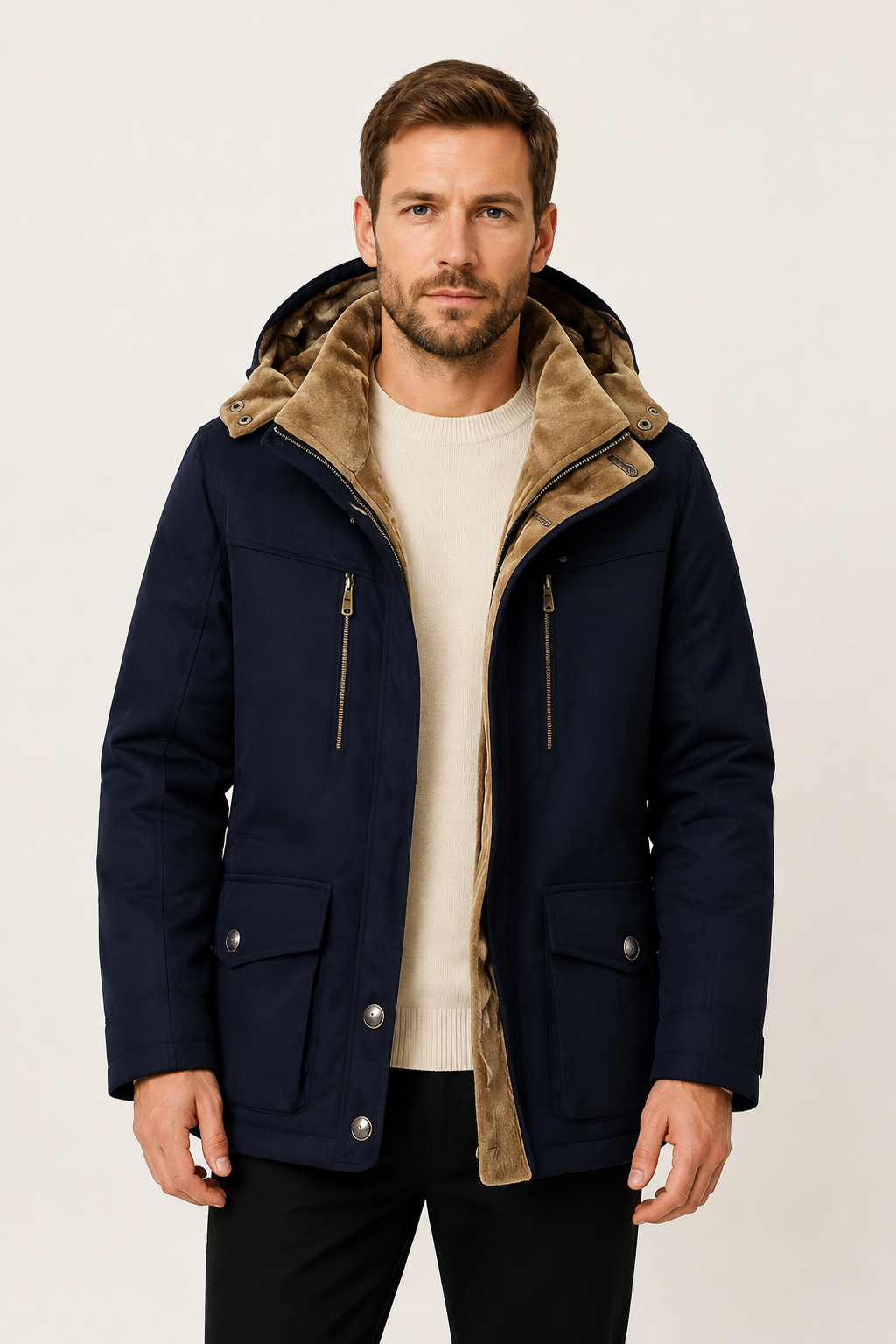 Marineblaue Herren-Winterjacke mit warmem beigefarbenem Futter an Mann auf warmem beigem Hintergrund