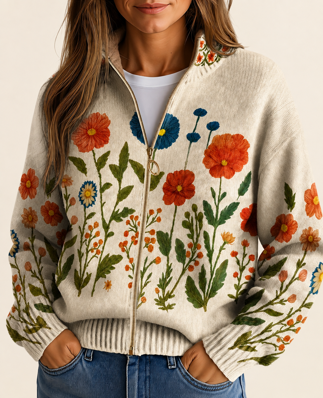 Wrenna Wildblumen-Zip-Cardigan auf warmem beigem Hintergrund