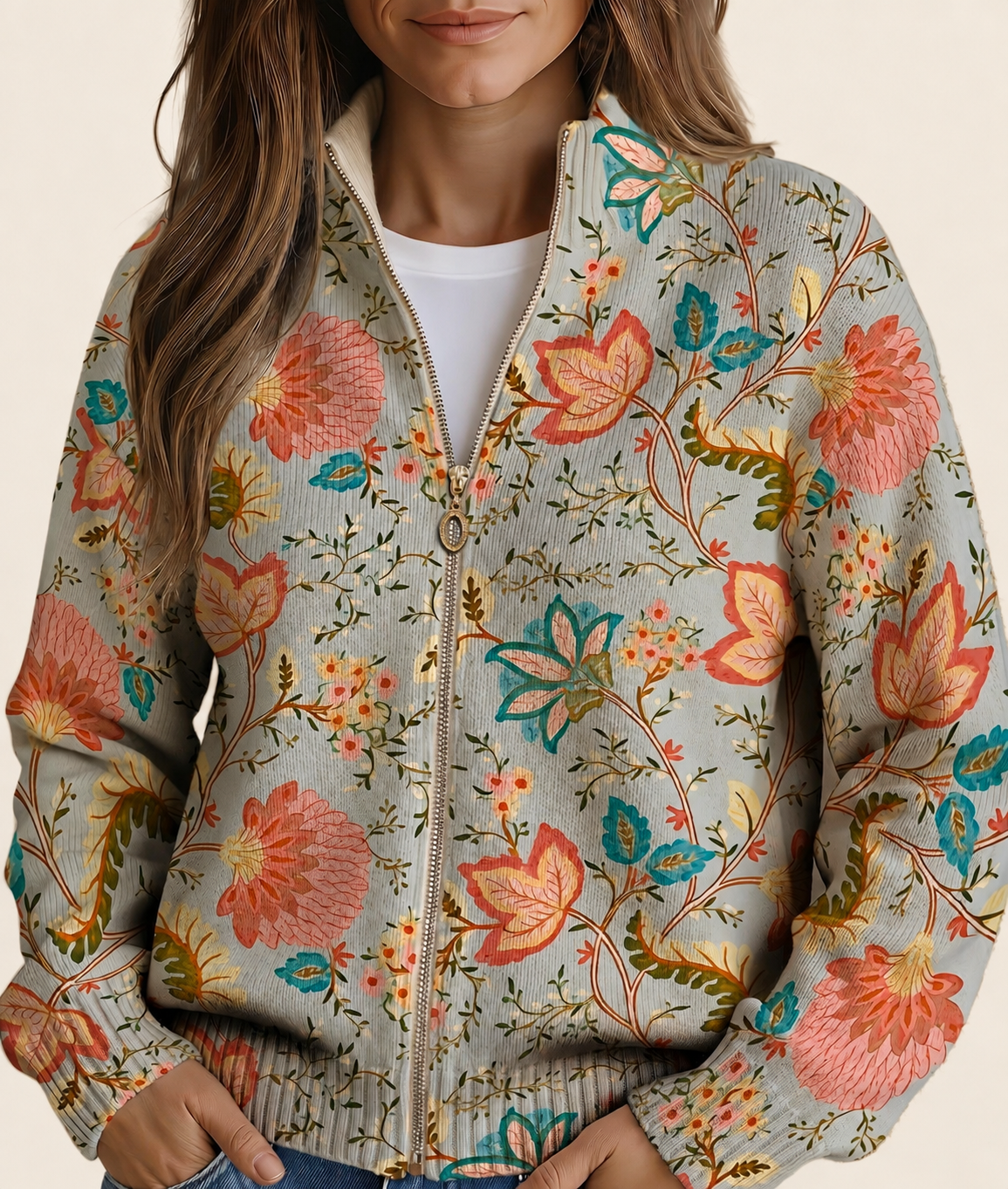 Xanthe | Cardigan mit Blumenprint – warmbeiger Studiohintergrund