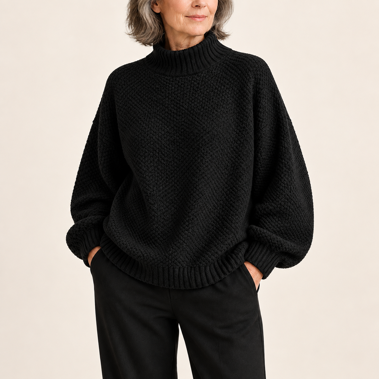 Ylonna Rollkragenpullover – Schwarz – Detail – vollständige Ansicht am Model