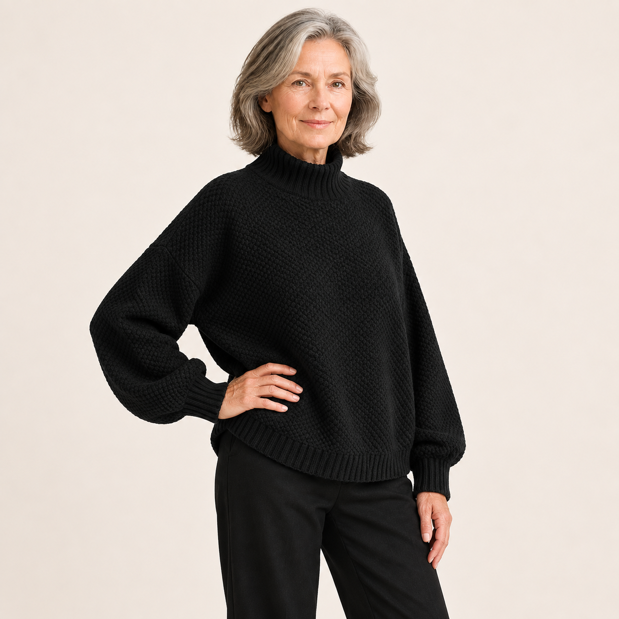Ylonna Rollkragenpullover – Schwarz – andere Pose – vollständige Ansicht am Model