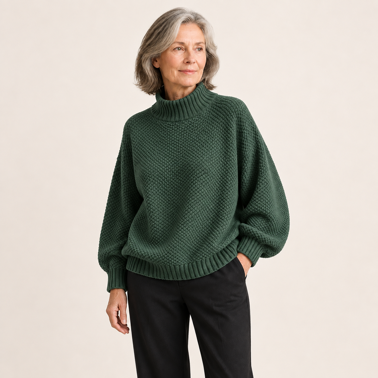 Ylonna Rollkragenpullover – Grün – vollständige Ansicht am Model