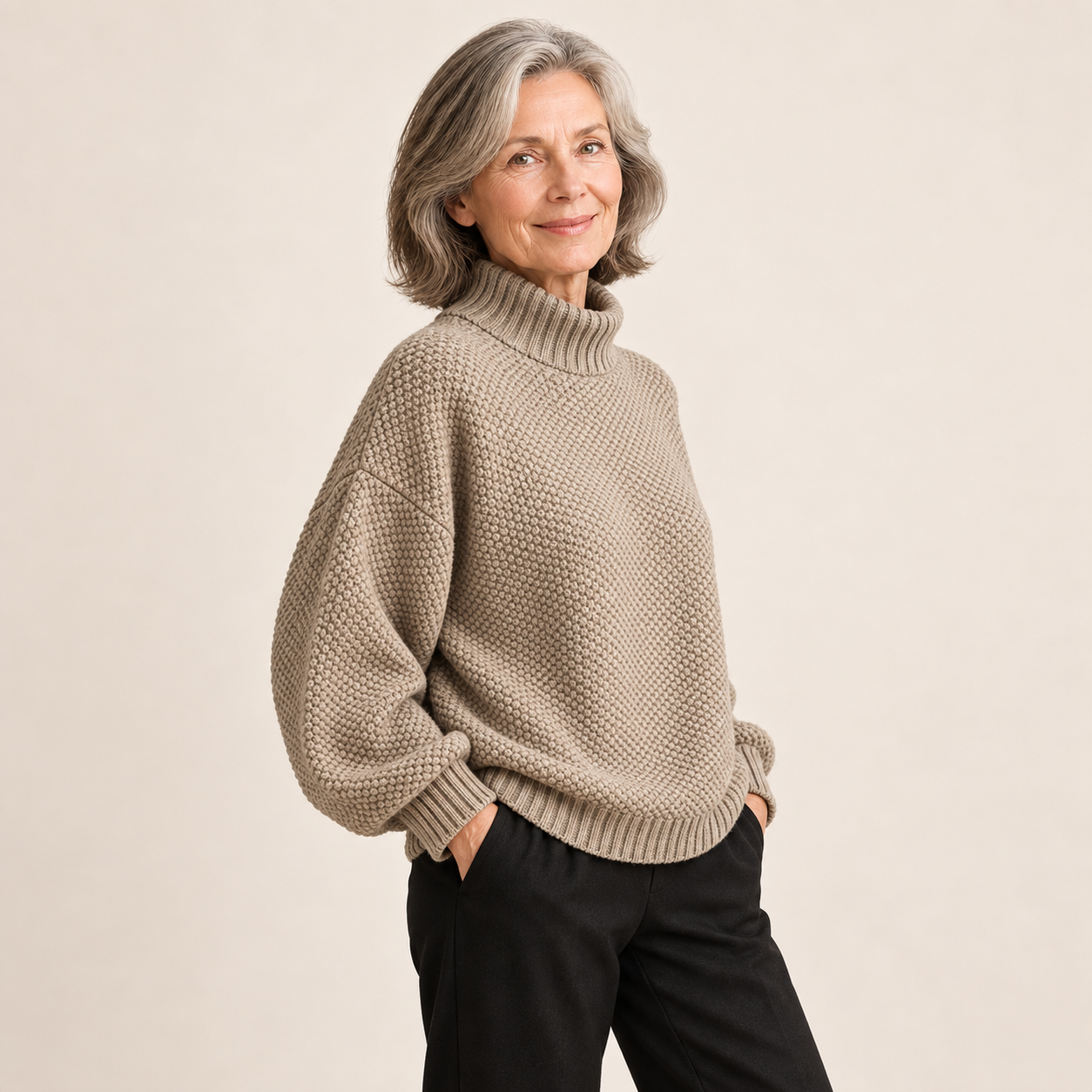 Ylonna Rollkragenpullover – Beige – vollständige Ansicht am Model