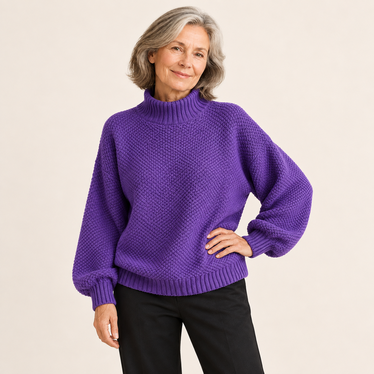 Ylonna Rollkragenpullover – Lila – vollständige Ansicht am Model