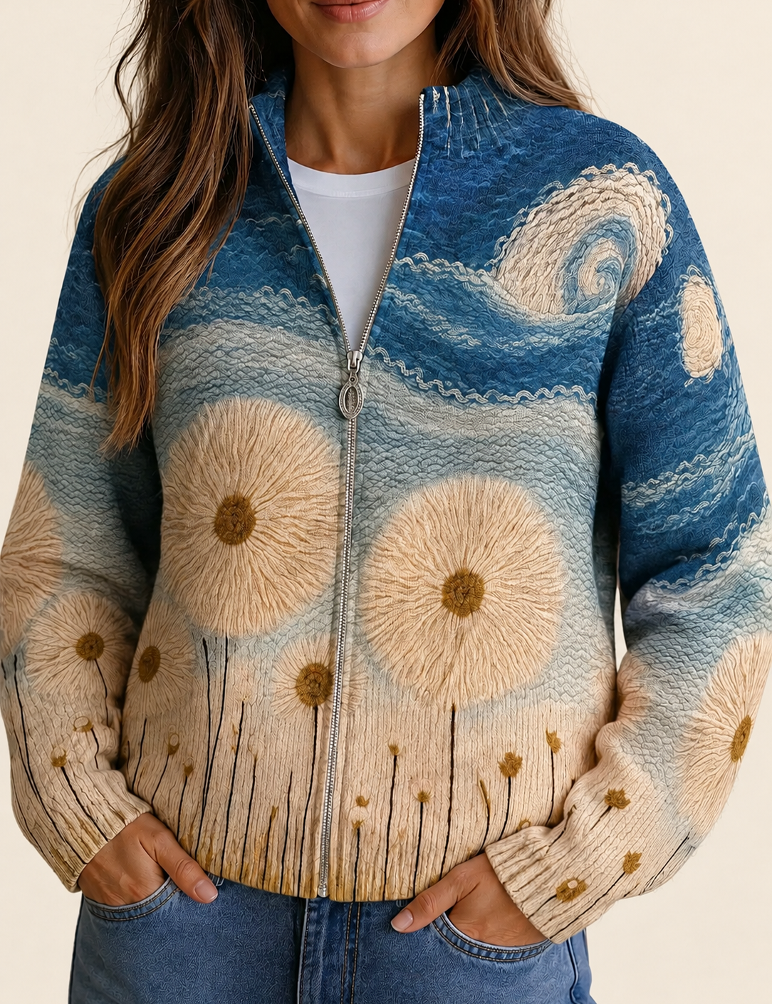 Yolanda | Damen quilted Cardigan mit Reißverschluss – warmbeiger Studiohintergrund