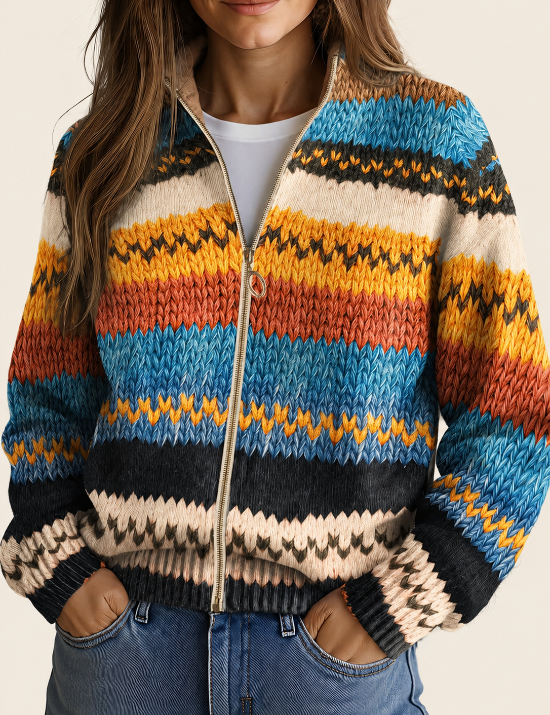 Yseult | Damen Cardigan mit zigzag stripes und a gold-tone Reißverschluss – warmbeiger Studiohintergrund
